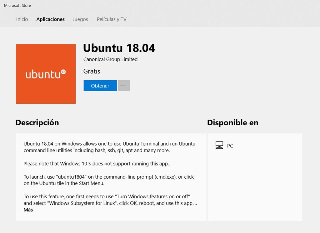 puedes descargar Ubuntu 18.04 LTS desde la Microsoft Store en Windows 10