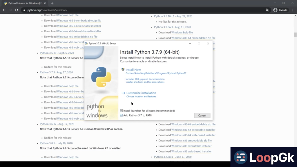 Pantalla de instalación de Python