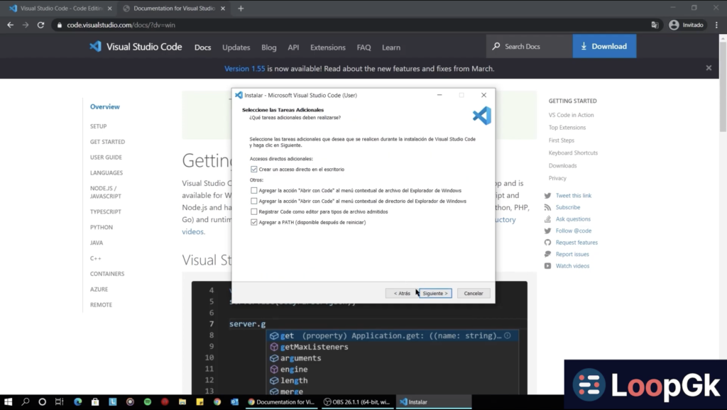 Pantalla de instalación de VS Code
